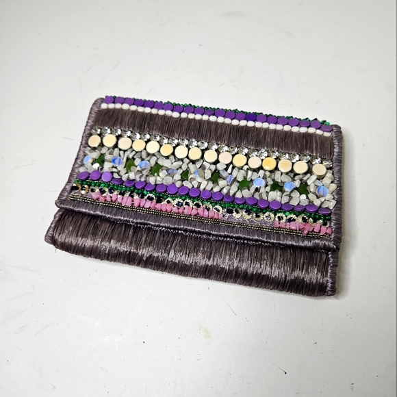Megan Park Beaded Clutch Straw Lavender Plum Suede Interior 8.5×6.5" - Picture 1 of 9